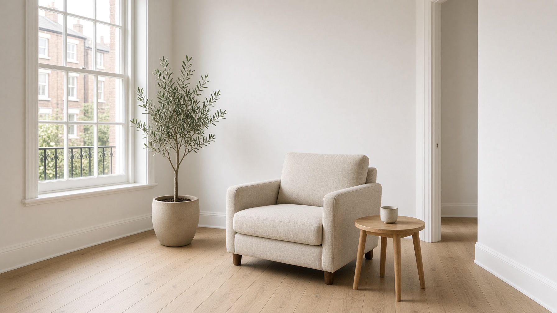 A bright room with a linen chair, pale oak floor and a sash window