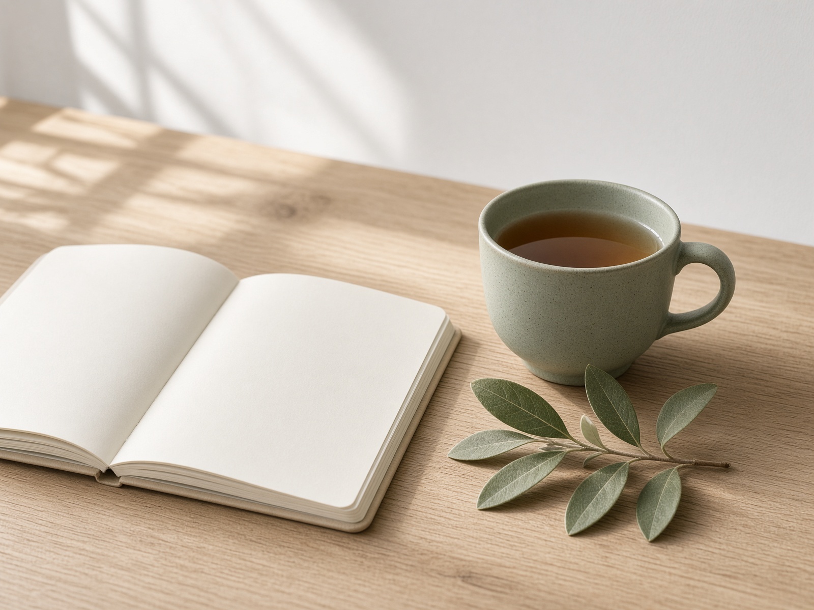 A blank notebook, brass pen and cup of tea on a pale oak table