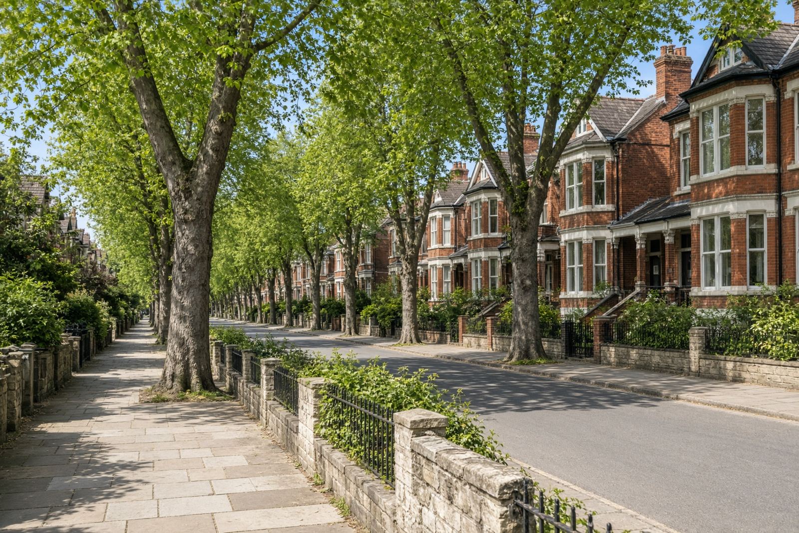 A leafy red-brick street in daylight