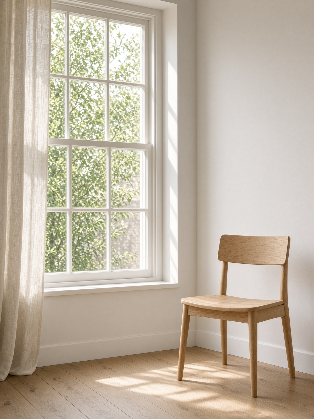 Morning light through a linen curtain beside a fig plant